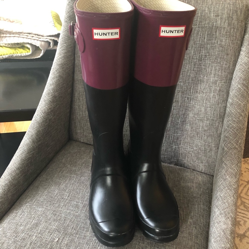 Hunter Tall Rain Boots: Matte Black and Plum